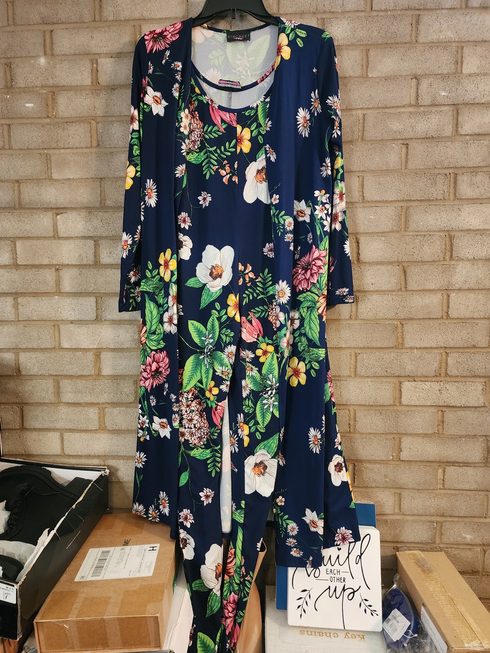 Discreet Navy Floral Print Jumpsuit With Matching Cardigan